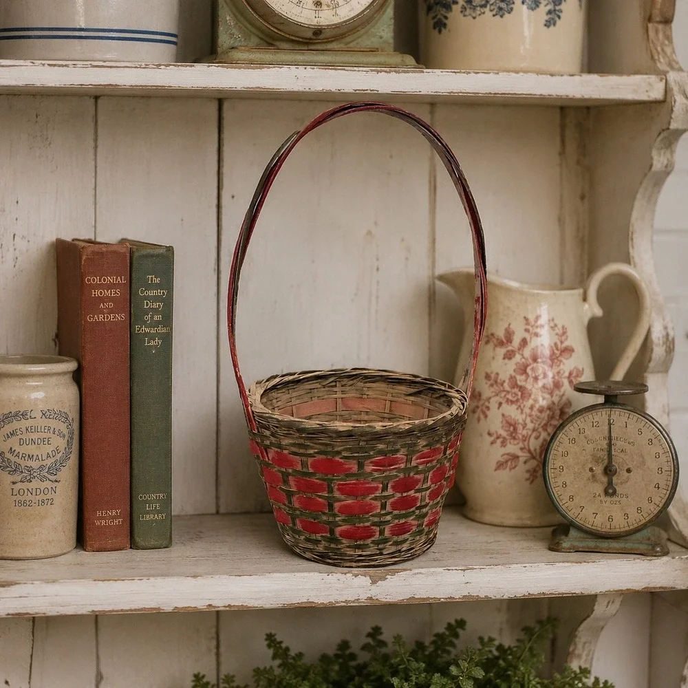 Vintage Woven Wicker Basket Red Green Small Round Handle Farmhouse Decor 10x5.5